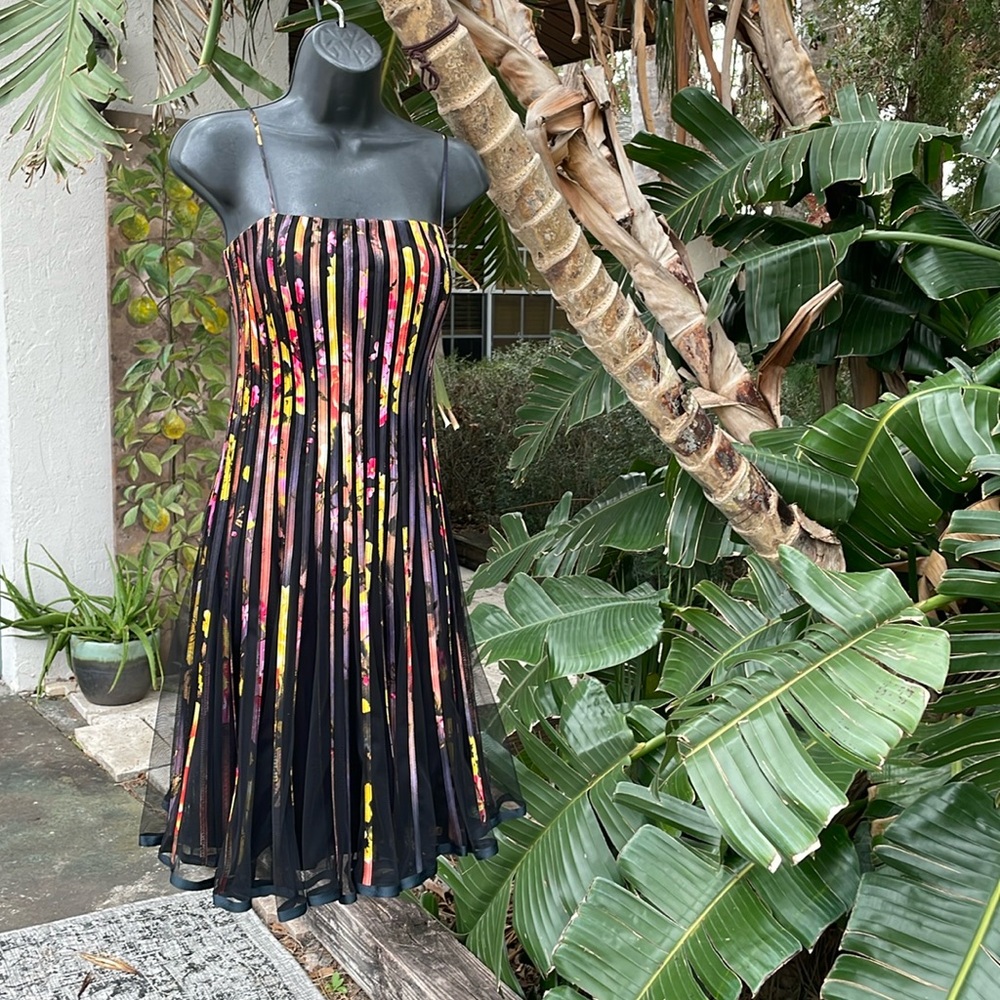 JS collections dark floral striped sheer mesh ribbon dress